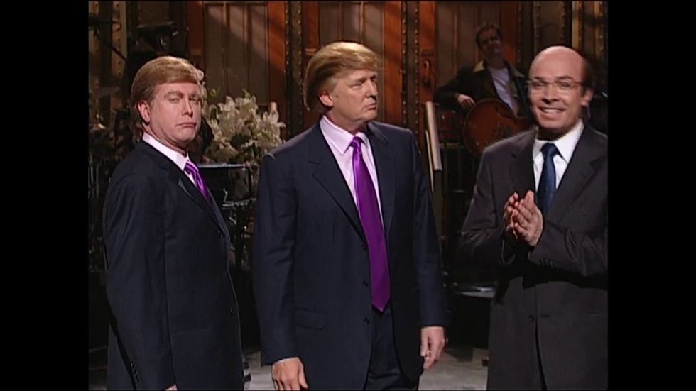 In 2004,  Donald Trump, the star of the hit NBC show, The Apprentice, appeared on SNL for the first time. The video is below, as is the video of last night's SNL opening.